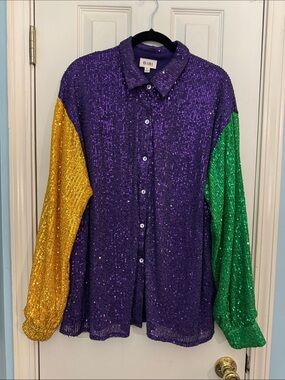 BiBi Purple Sequin Button-Up Shirt with Gold and Green Sleeves